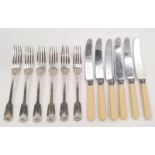 A set of six heavy solid silver Kings Pattern forks with a set of six knives.