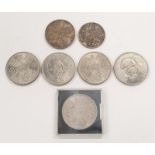 Two Victorian silver coins together with five later commemorative coins. (7)