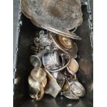 A large box of mixed silver plated items.