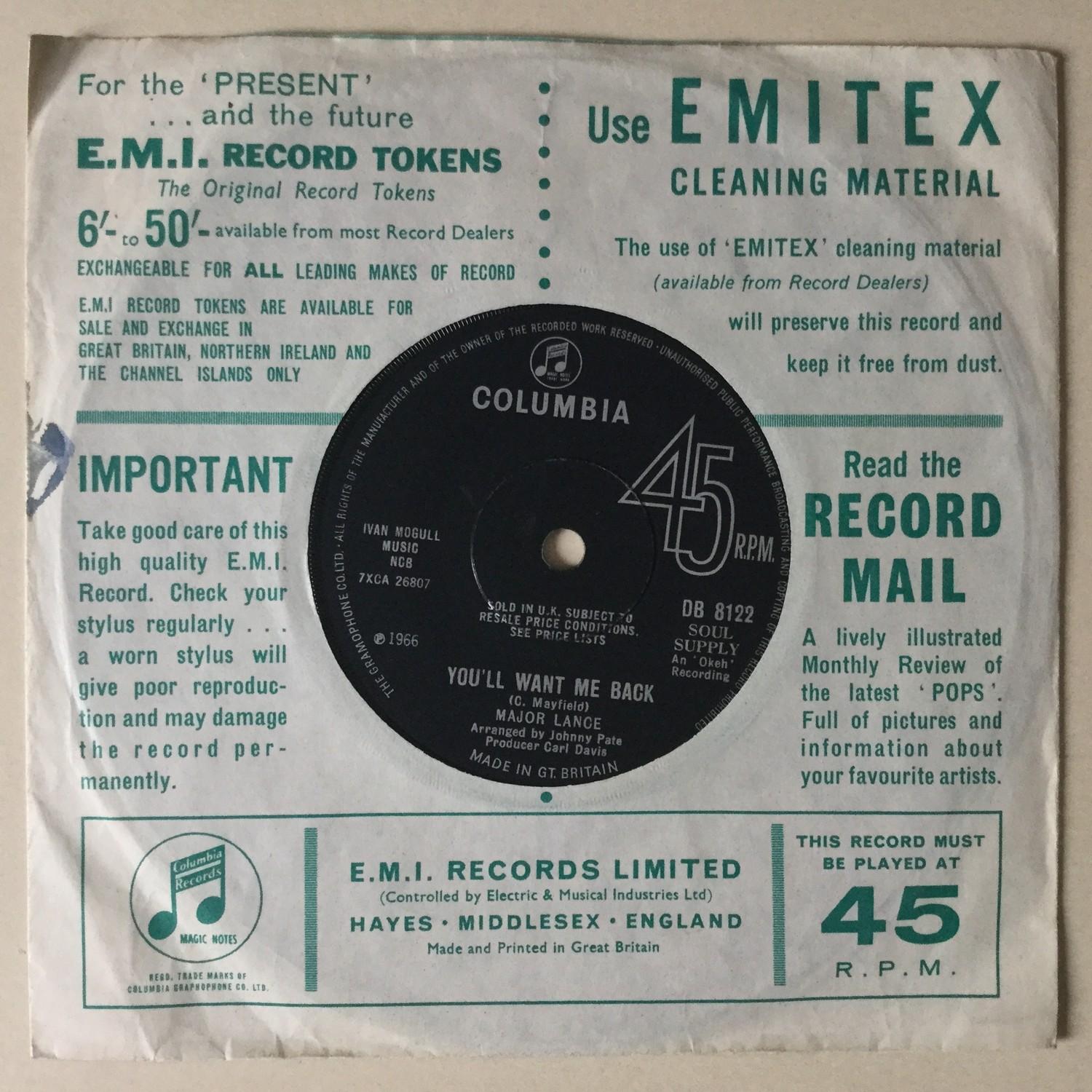 RARE UK COLUMBIA 7? - MAJOR LANCE - ?AIN?T NO SOUL (LEFT IN THESE OLD SHOES?). Another great - Image 2 of 2