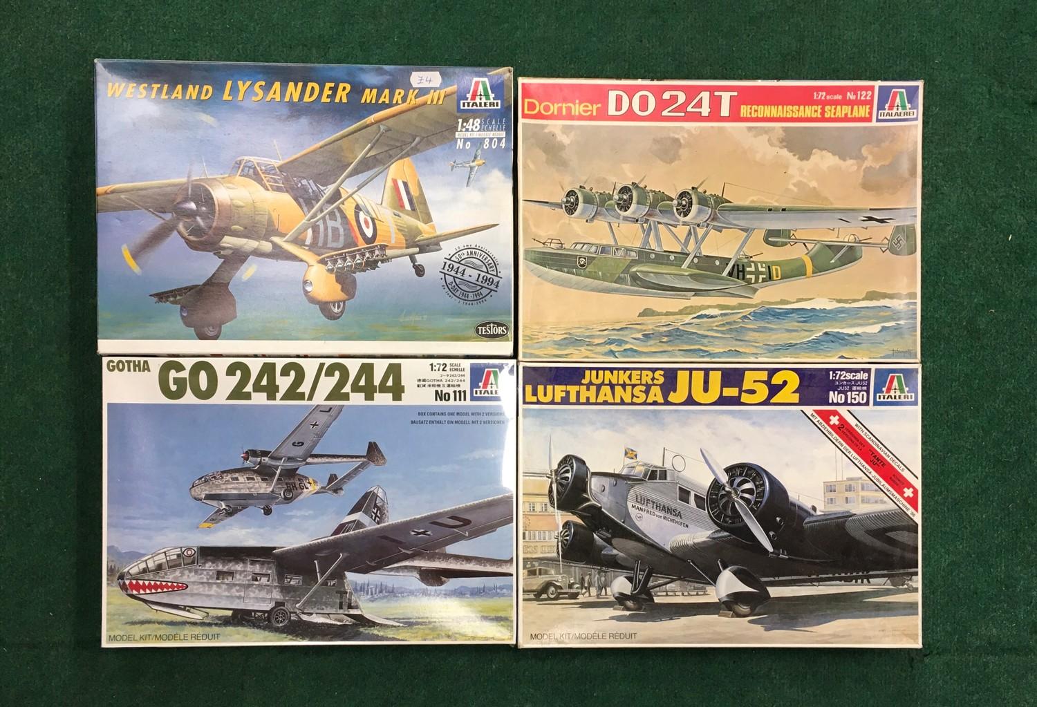 Four model kits by Italaerei to include Dornier D024T, Wstand Lysander Mark III and others. All seem