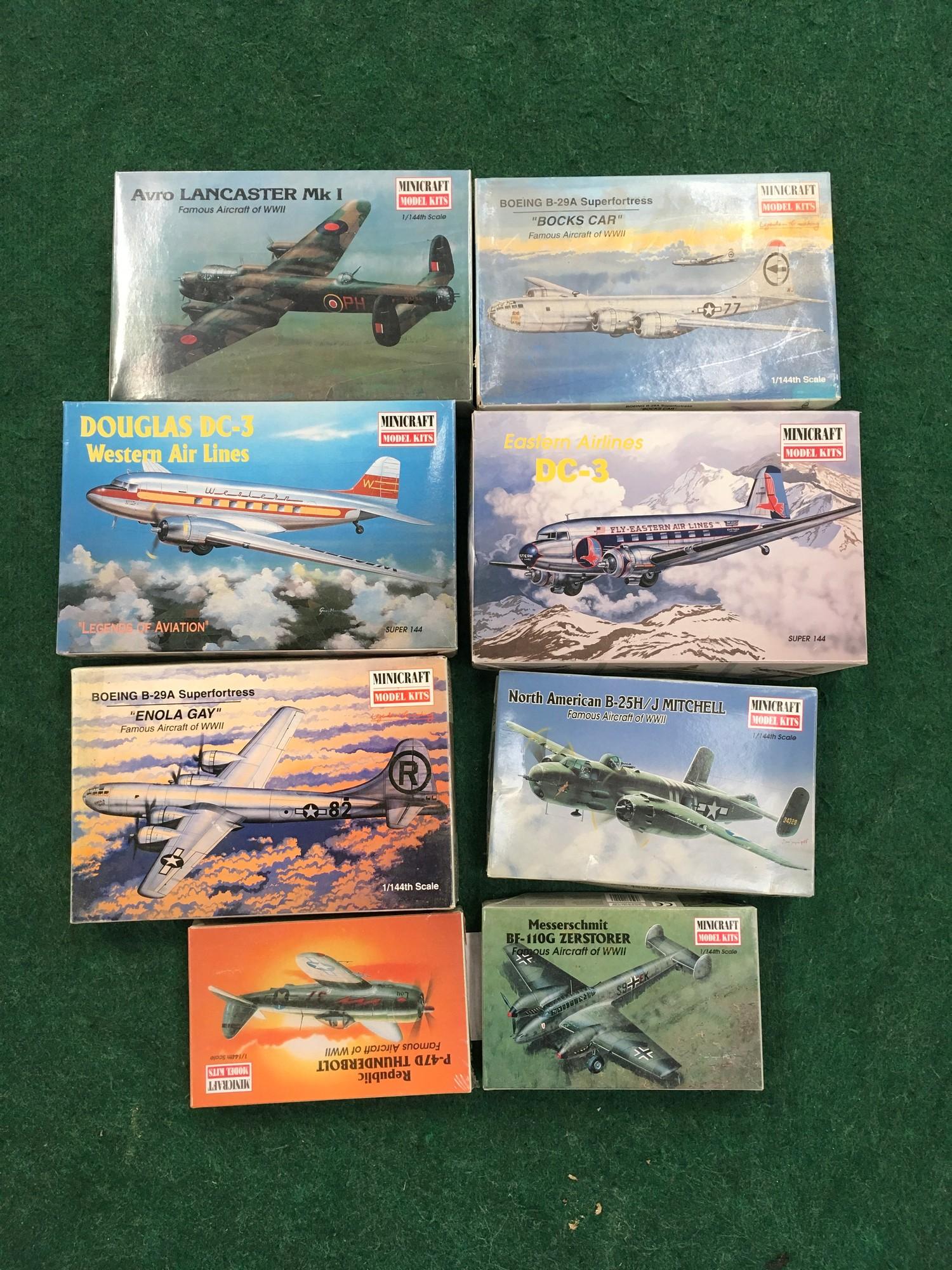 Eight model kits by Minicraft to include Eastern Airlines DC-3, Avro Lancaster Mk 1 and others.