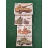 Four model kits by Tamiya to include Matilda British Infantry Tank MkII. All seem complete but not