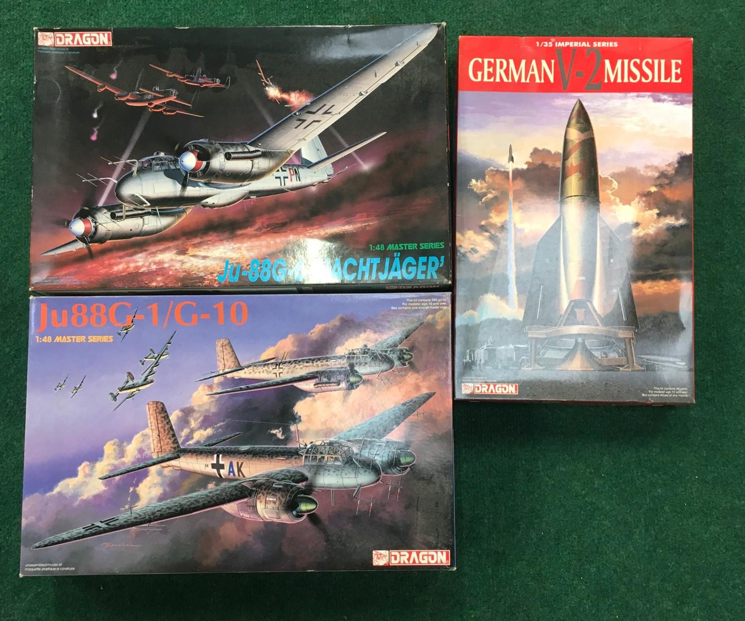 Three model kits by Dragon to include German V-2 Missile, Ju-88G-6 ?Nachtjager? and Ju88G-1/G-10.