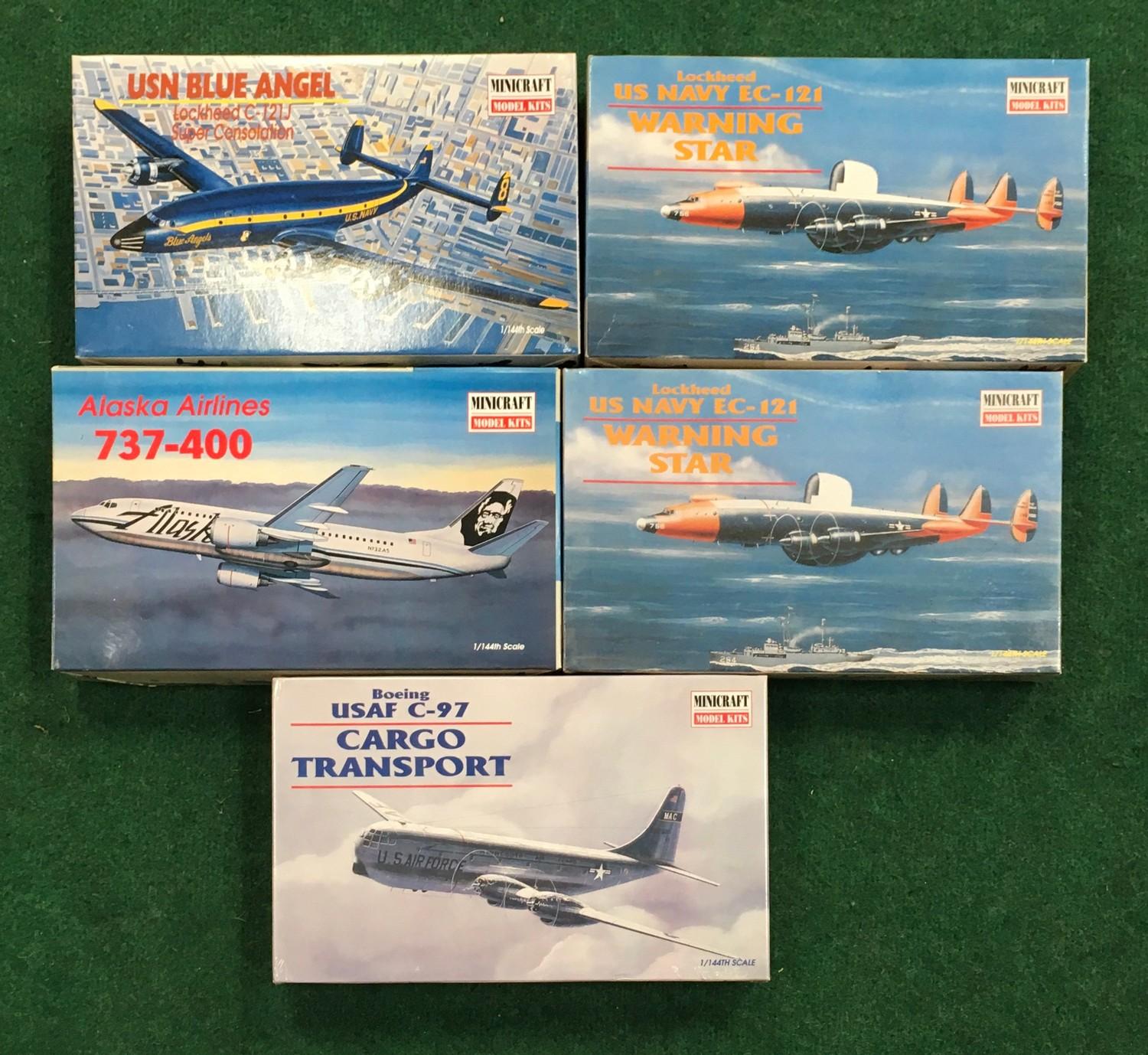 Five model kits by Minicraft to include USN Blue Angel, US Navy EC-121 Warning Star and others.