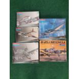 Five model kits by Monogram to include De Havilland Mosquito, Messerschmitt Me262 and others. All