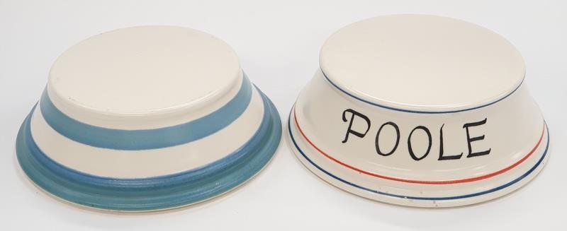 Poole Pottery studio shop display stands one with advertising logo on the front 7.8" dia. (2)