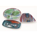 Poole Pottery Delphis shape 3, 8" plate together with a shape 81 trapezium dish and rectangular