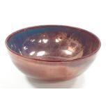 Carter & Co (Poole Pottery) large blue & red lustre bowl, impressed mark no. 5, 1908-1921, 10" dia.