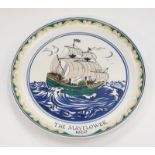 Poole Pottery ship plate depicting the Mayflower decorated by Tony Morris and Sue Pottinger 1977.