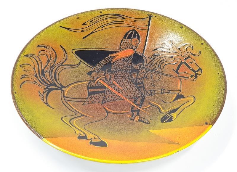 Poole Pottery shape large Aegean Charger by L. J. Wills depicting a Knight on horseback 16" dia.