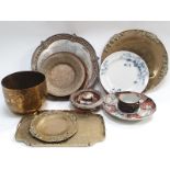 A mixed collection of assorted brass and copper together with an assortment of oriental china
