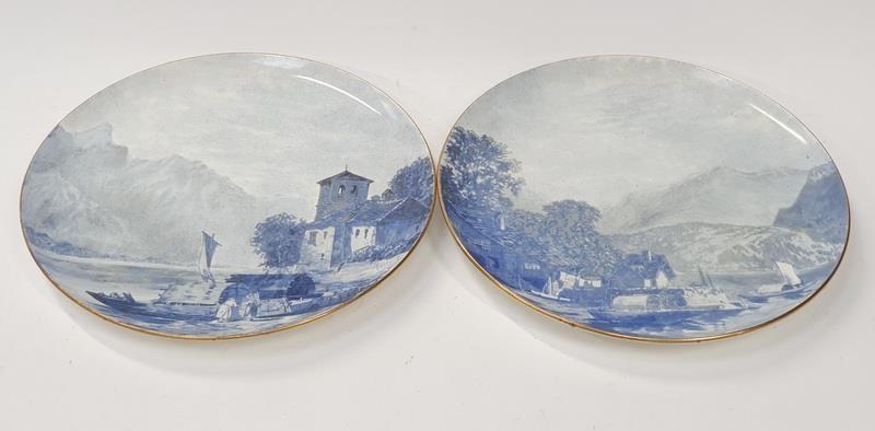 Two large blue and white wall chargers oriental scenes.