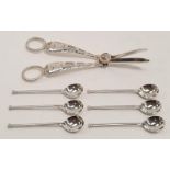 Ornate grape scissors and set of 6 silver coffee spoons.