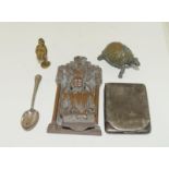Antique bronze door knocker, pipe tamper, Britains lead tortoise and silver matchbook.