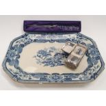 Silver plate table lighter masons meat platter and Edinburgh crystal carving knife boxed.