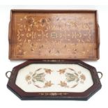 Yew wood marquetry inlaid tray with mother of pearl in sets and boxwood design together with a a