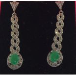 A pair of Marcasite and Jade Art Deco style drop earrings.
