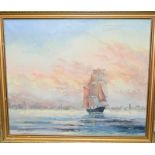 Gilt frame oil on canvas of a schooner signed Keele 71 70 x 58 cm.