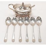 Silver set of six tea spoons together with silver hallmarked mustard-140g.