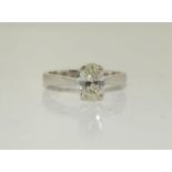 A fine 18ct white gold single stone oval cut diamond ring of 1.5ct approx. Size O.