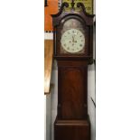 A mahogany longcase clock, painted dial, 30 day with weights, pendulum and winder.