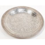 Oriental engraved white metal dish, mark's at base.