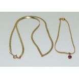 9ct gold flat link necklace together with 9ct gold ruby bracelet. 3.3g