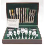 Complete stainless steel cutlery set for six place settings in fitted mahogany box.