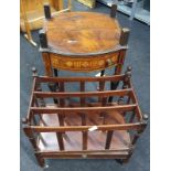 Mahogany Canterbury together with a mahogany inlaid twin drawer side table (glass missing).