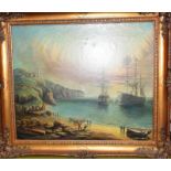 Early oil on canvas ships in the gilt frame possibly Dutch. 75 by 65 cm. Signed Hy Rossell.