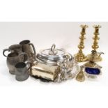 Silver plate with tray and other items , pewter, brass candlesticks and a commemorative trowel,