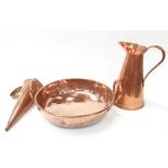 Twin handled copper tray together with a copper jug and measure.