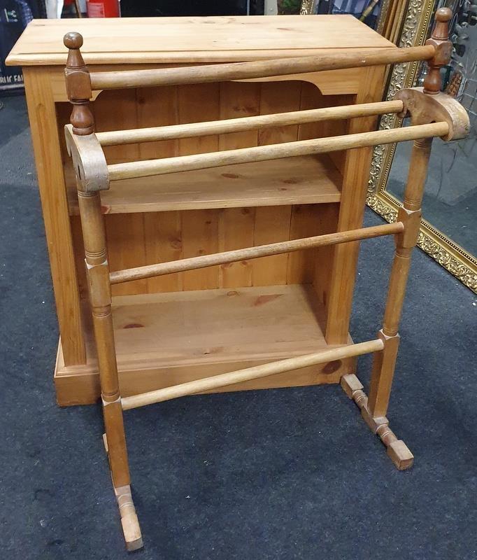 A Victorian pine freestanding towel rail together with a pine bookcase.