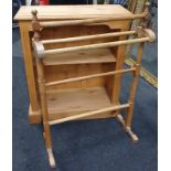 A Victorian pine freestanding towel rail together with a pine bookcase.