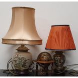 Two oriental table lamps together with a miniature wooden globe.