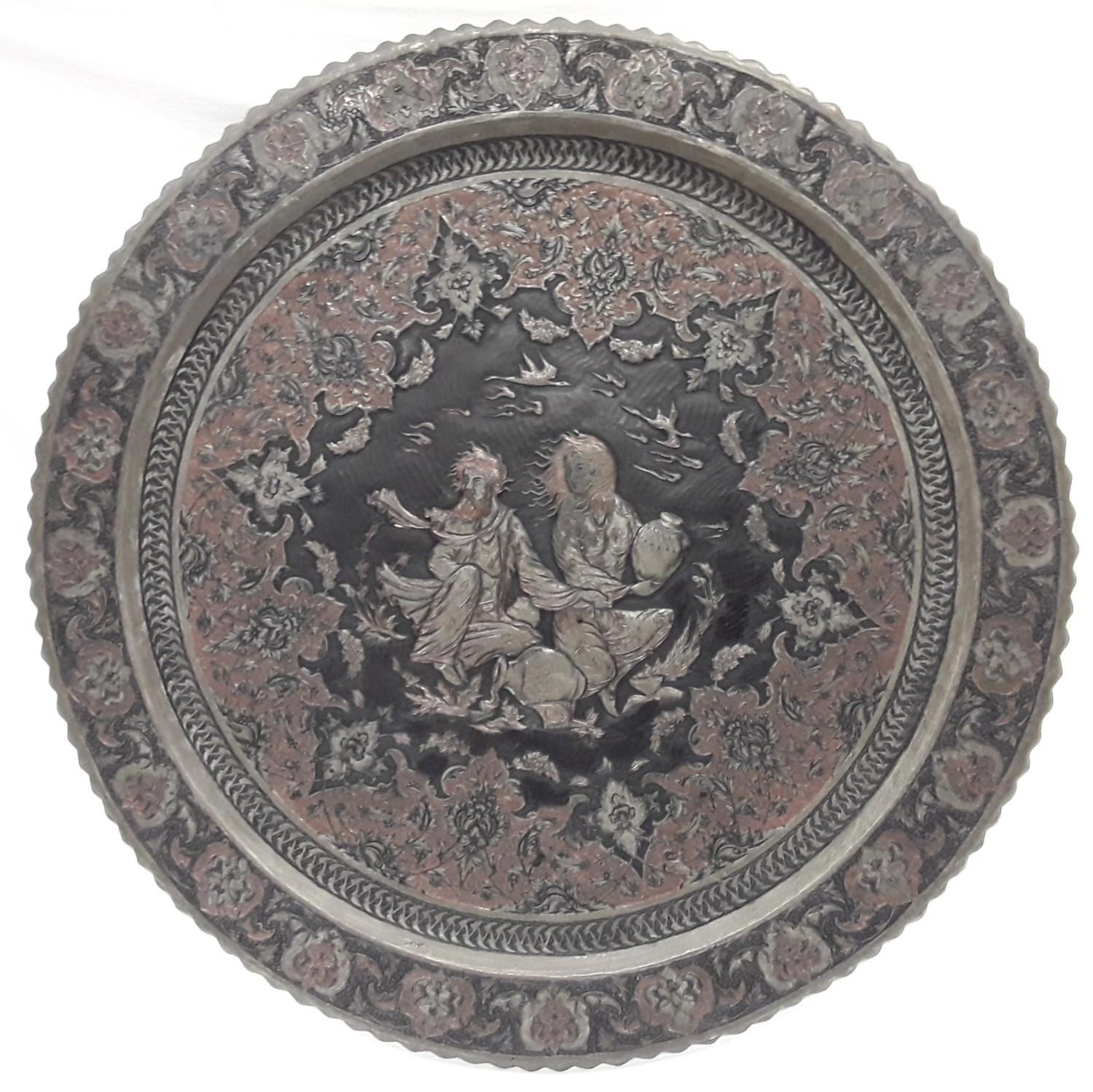 Large Japanese ornate silver copper charger - 60cm diameter.