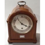 Rowell Oxford mahogany cased Garrard movement retail mantle clock with pendulum and key.