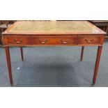 Victorian mahogany writing desk on tapered legs with three drawers to front and inlaid leather