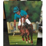 Oil on canvas: Polo Player signed Roul Santos. 110 x 70cms.