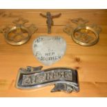 Antique funeral coffin furniture - coffin handles, plaque and cross.