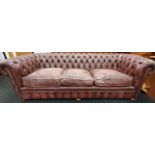 Three seater leather Chesterfield settee with Chesterfield badge.