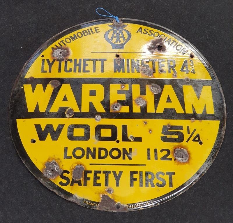 Vintage AA enamel "Wareham" road sign.