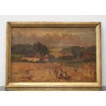 W Thorpe 87 Farm harvest scene oil on canvas 50x25cm.