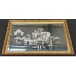Modern gilt framed etched mirror depicting horses and farm workers. 103x72cm.