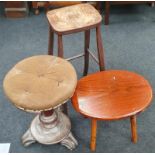 Three stools to include Victorian rise and fall piano stool.