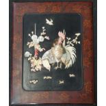 An oriental lacquer shell picture of cockerels. 55 x 45cms