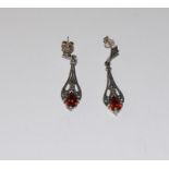 Art deco African garnet, Marcasite silver earrings,