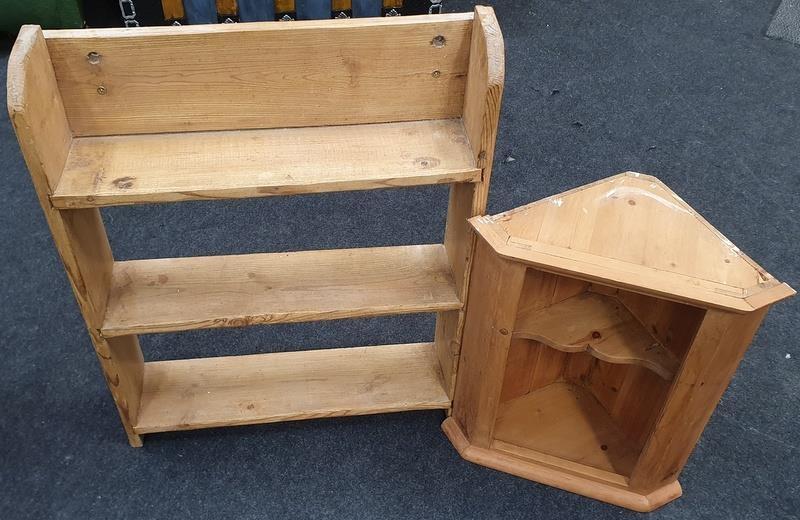 Antique pine kitchen condiment shelves together with a small pine corner cupboard.