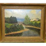 Victorian gilt framed oil on canvas of a river and bridge scene. 60 x 50cm.
